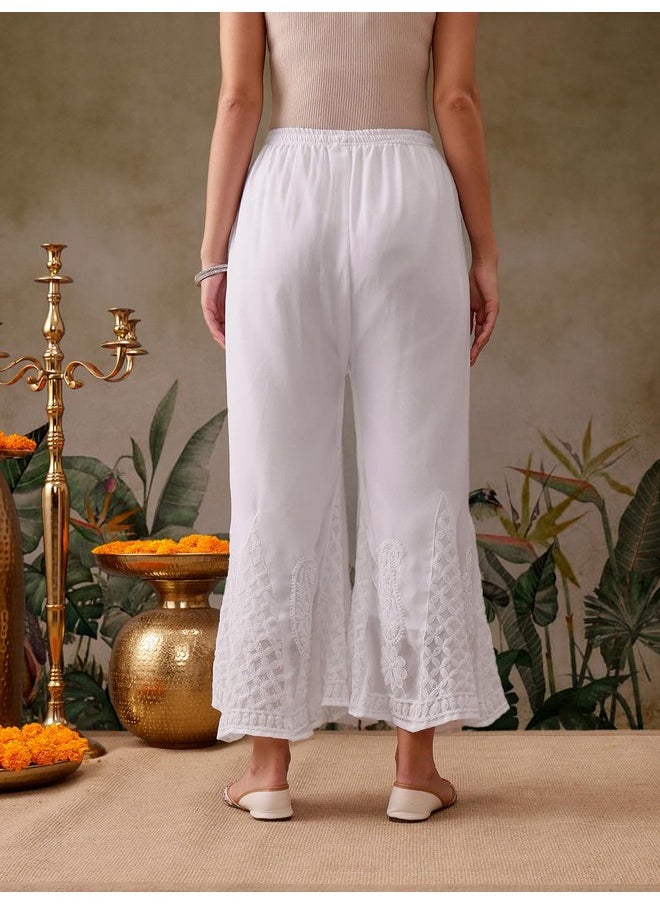 ADA - Ada Lucknowi Hand Embroidered Chikankari White Faux Georgette Flared Palazzo for Women A711166 (XL) - Image 1