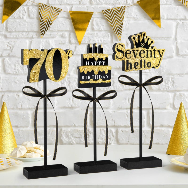 Sereliy 3 Pcs 70th Birthday Table Decorations Wooden Signs,Happy 70th Birthday Tiered Tray Decorations for men women Birthday Party Decor (70) - Image 1