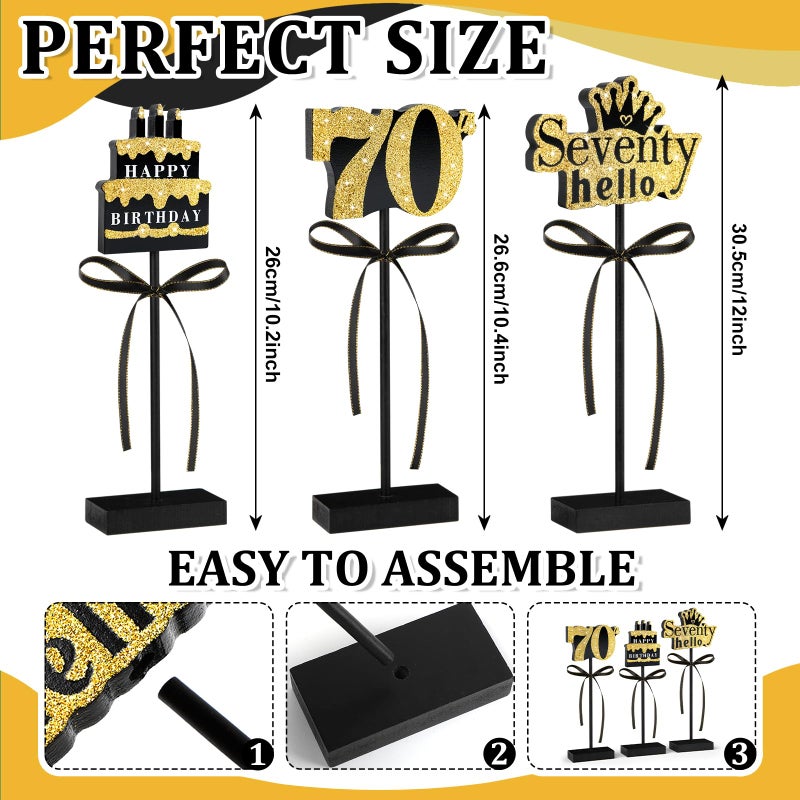 Sereliy 3 Pcs 70th Birthday Table Decorations Wooden Signs,Happy 70th Birthday Tiered Tray Decorations for men women Birthday Party Decor (70) - Image 2