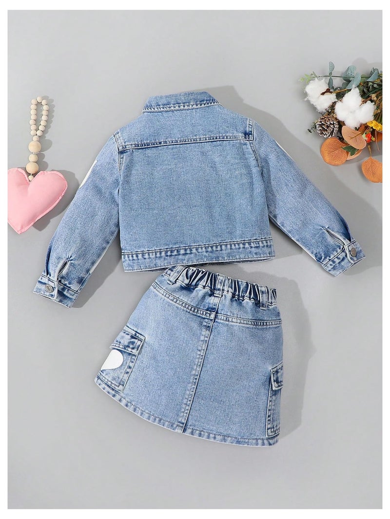 WDIRARA Toddler Girl's Cute 2 Piece Outfits Heart Print Button Down Jacket Cargo Denim Skirt Set Light Wash 5Y - Image 2