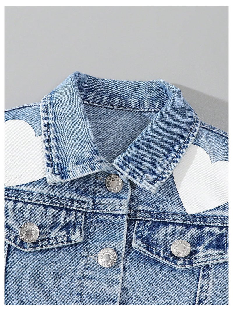 WDIRARA Toddler Girl's Cute 2 Piece Outfits Heart Print Button Down Jacket Cargo Denim Skirt Set Light Wash 5Y - Image 3