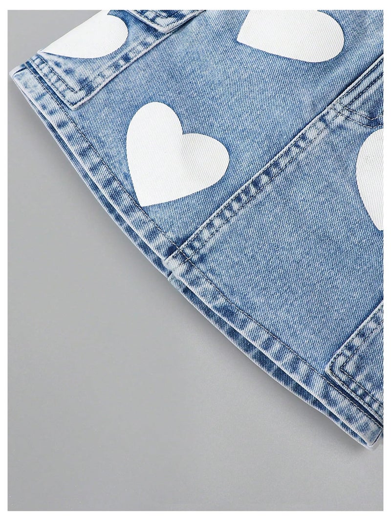WDIRARA Toddler Girl's Cute 2 Piece Outfits Heart Print Button Down Jacket Cargo Denim Skirt Set Light Wash 5Y - Image 4
