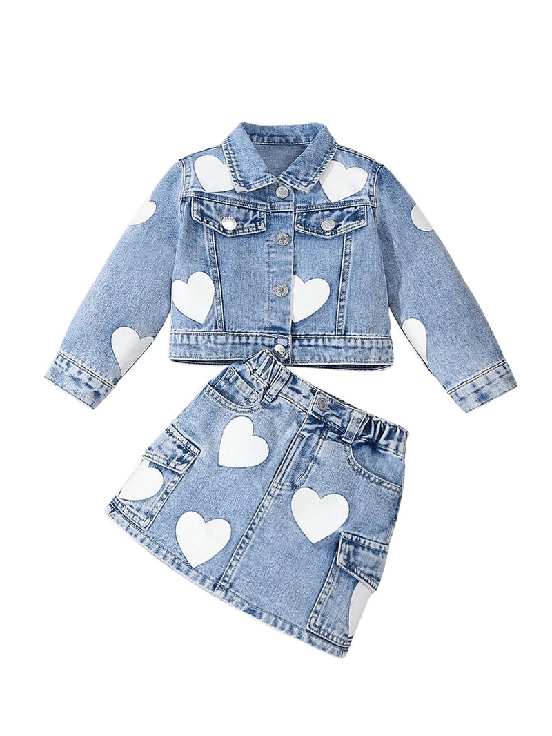 WDIRARA Toddler Girl's Cute 2 Piece Outfits Heart Print Button Down Jacket Cargo Denim Skirt Set Light Wash 5Y - Image 1