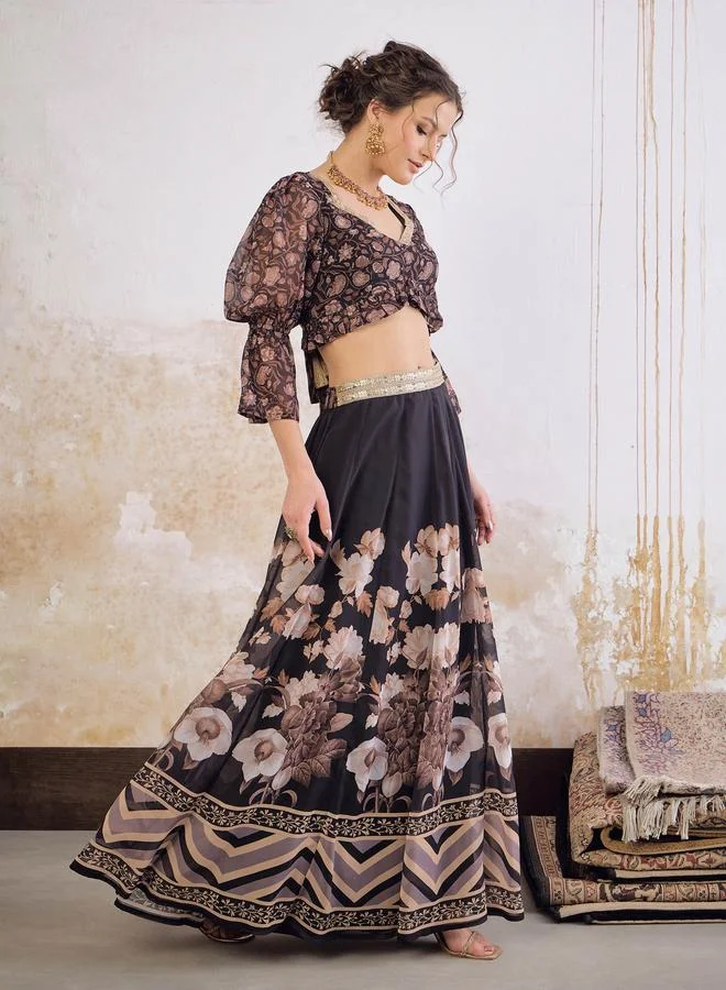 SASSAFRAS Black Floral Hem Frill Crop Top with Anarkali Skirt Set