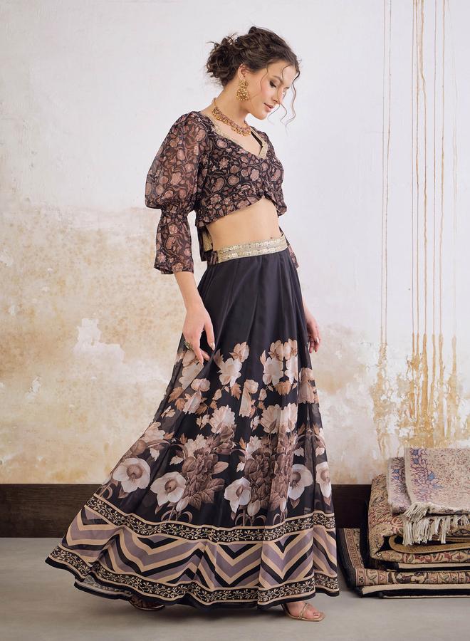 SASSAFRAS Black Floral Hem Frill Crop Top with Anarkali Skirt Set - Image 3