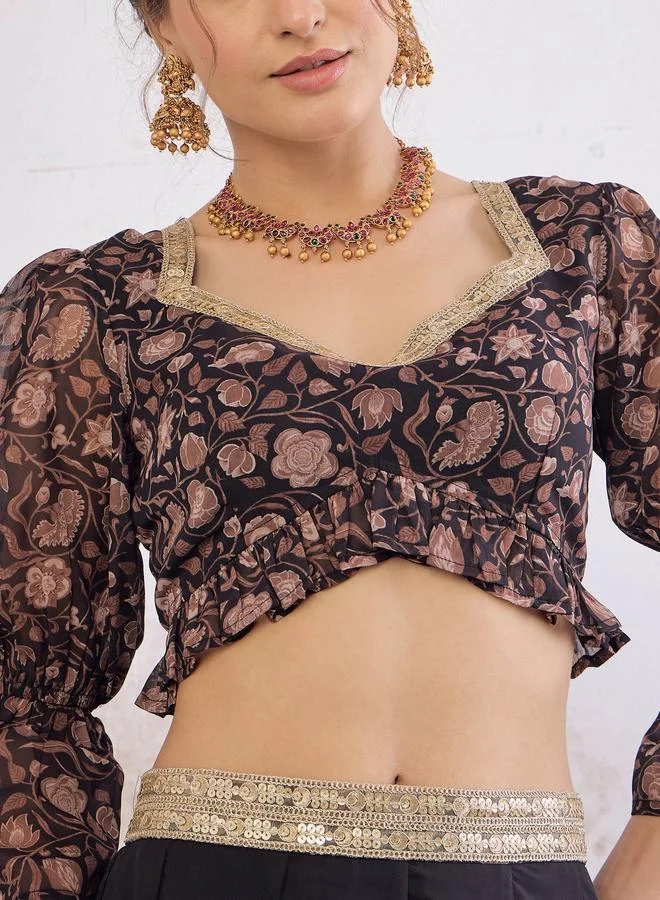 SASSAFRAS Black Floral Hem Frill Crop Top with Anarkali Skirt Set