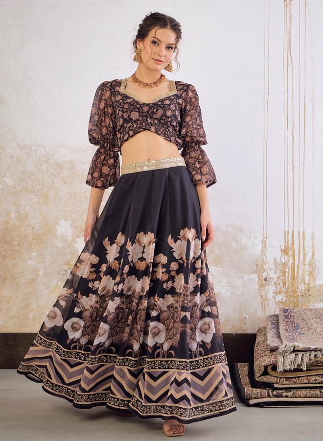 SASSAFRAS Black Floral Hem Frill Crop Top with Anarkali Skirt Set - Image 1