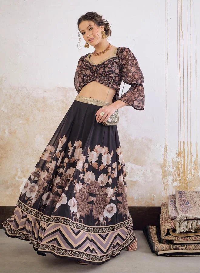 SASSAFRAS Black Floral Hem Frill Crop Top with Anarkali Skirt Set