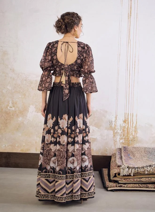 SASSAFRAS Black Floral Hem Frill Crop Top with Anarkali Skirt Set