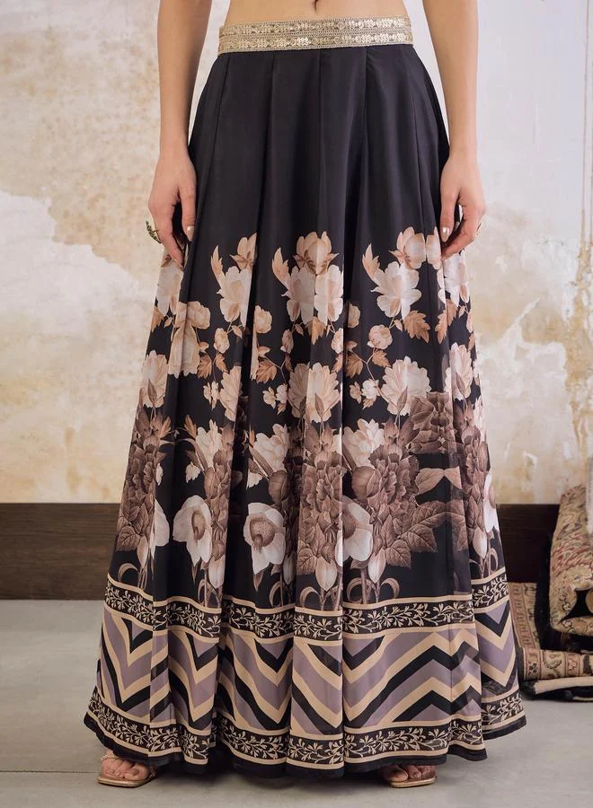 SASSAFRAS Black Floral Hem Frill Crop Top with Anarkali Skirt Set