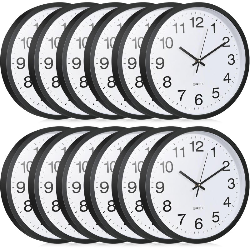 Inbagi 12 Pieces Silent Wall Clock Large 12 Inches Quartz Analog Clock Non Ticking Round Easy to Read Battery Operated for Classroom Office School Kitchen Bedroom Living Room Decorative