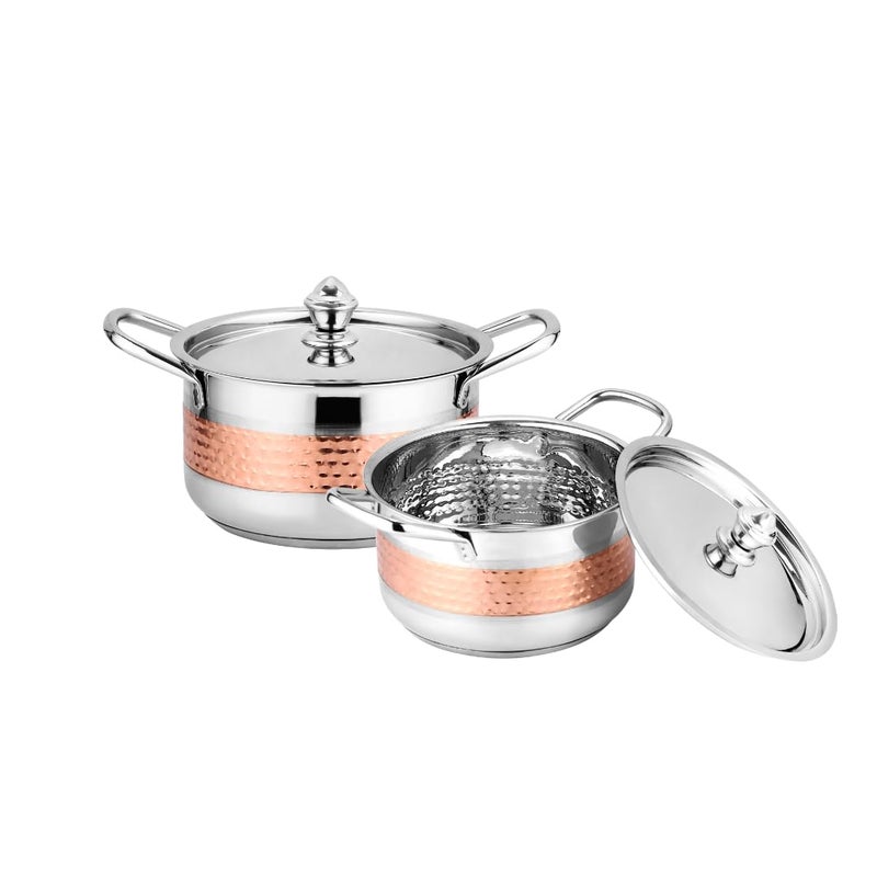 Chakmak Omega Stockpot 2 Pcs Set | Induction Base | Stainless Steel | Hammered Design | Pot Set for Kitchen | Perfect for Cooking & Serving (2Pcs) - Image 1