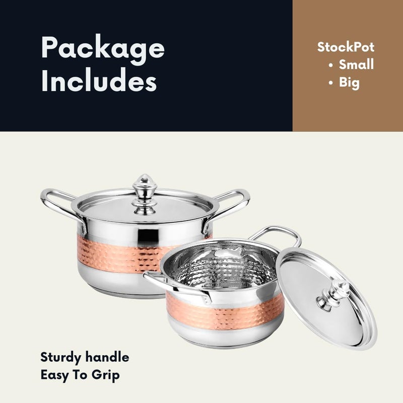 Chakmak Omega Stockpot 2 Pcs Set | Induction Base | Stainless Steel | Hammered Design | Pot Set for Kitchen | Perfect for Cooking & Serving (2Pcs) - Image 3