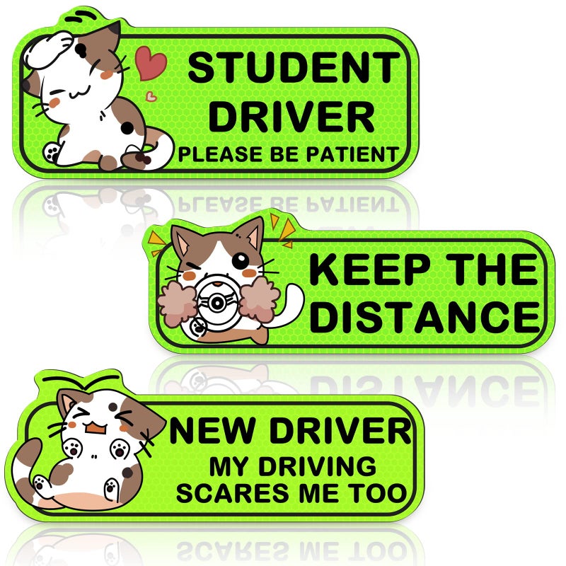 Tallew 3 Pcs Cat New Driver Car Magnet Large 9 Inch Cute Cat Reflective Student Driver Sign for Car Reusable Bumper Sticker Please Be Patient Keep Distance Safety Sign