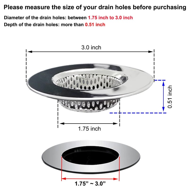 Seatery 2PCS 3.0" Top / 1.75" Basket Bathtub Drain Strainers, Shower Drain Hair Catcher, Stainless Steel Drain Cover Basket for Bathroom Laundry Floor Drain - Image 2