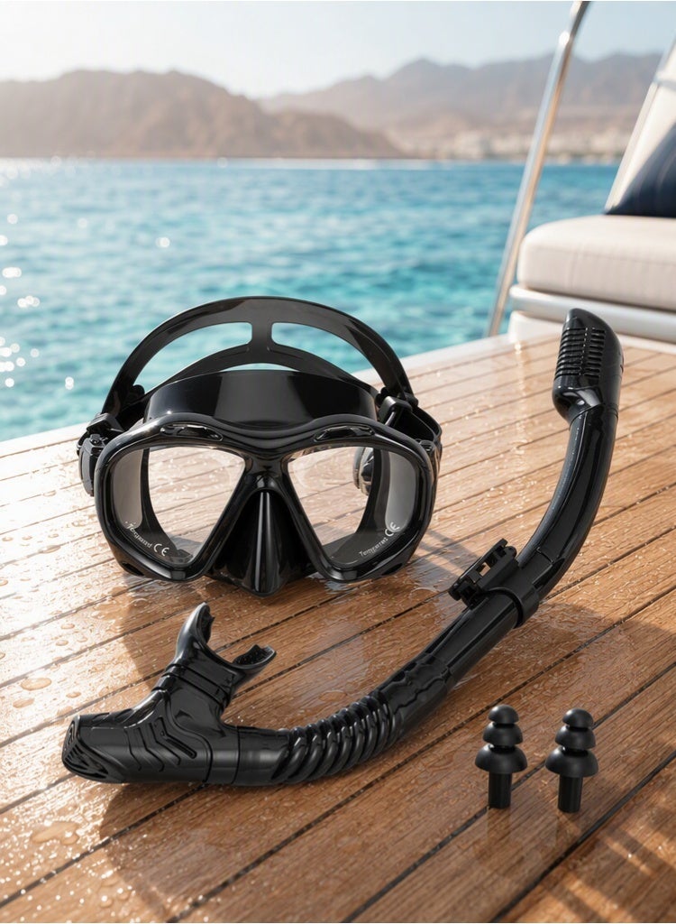 MEDOOSI Adult Snorkeling Mask Set, 180° Panoramic Tempered Glass Dive Mask with Dry Snorkel, Anti-Fog Anti-Leak Scuba Gear for Swimming, Travel and Diving Trips - Image 1