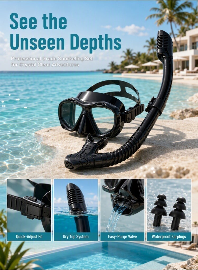 MEDOOSI Adult Snorkeling Mask Set, 180° Panoramic Tempered Glass Dive Mask with Dry Snorkel, Anti-Fog Anti-Leak Scuba Gear for Swimming, Travel and Diving Trips - Image 2