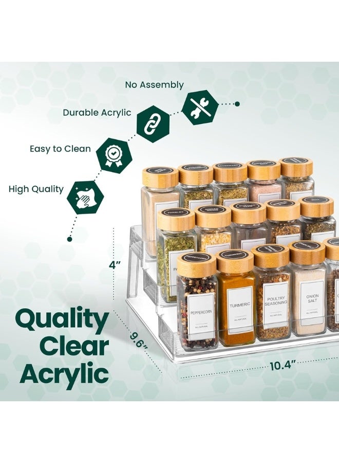 هابي هوم رف توابل 1 قطعة – منظم توابل أكريليك بثلاثة مستويات للخزانات، أو أسطح المطبخ، أو البانترى – تصميم رف عميق لتخزين التوابل، زجاجات الصلصات، الأعشاب، التوابل، الصلصات الصغيرة، والزجاجات الصغيرة – رف تخزين متعدد الاستخدامات للمطبخ، الحمام، طاولة الزينة، أو غرفة النوم – منظم أكريليك شفاف، متين وأنيق - Image 2