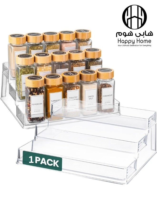 هابي هوم رف توابل 1 قطعة – منظم توابل أكريليك بثلاثة مستويات للخزانات، أو أسطح المطبخ، أو البانترى – تصميم رف عميق لتخزين التوابل، زجاجات الصلصات، الأعشاب، التوابل، الصلصات الصغيرة، والزجاجات الصغيرة – رف تخزين متعدد الاستخدامات للمطبخ، الحمام، طاولة الزينة، أو غرفة النوم – منظم أكريليك شفاف، متين وأنيق - Image 1