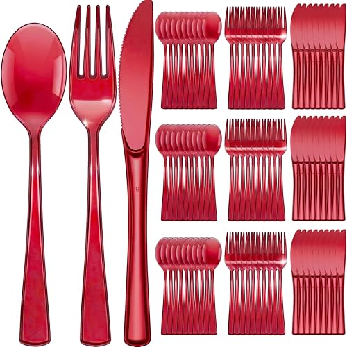 Minatee 150 Pieces Disposable Cutlery Set Plastic Silverware Heavy Duty Utensil Sets 50 Forks 50 Knives 50 Spoons for Home Office School Party Picnics Restaurant Outdoor Events(Red) - Image 1