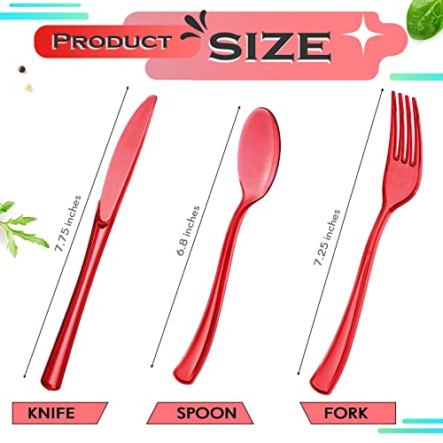 Minatee 150 Pieces Disposable Cutlery Set Plastic Silverware Heavy Duty Utensil Sets 50 Forks 50 Knives 50 Spoons for Home Office School Party Picnics Restaurant Outdoor Events(Red) - Image 2
