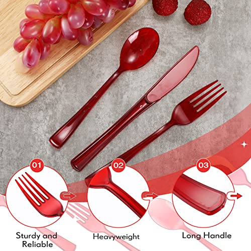 Minatee 150 Pieces Disposable Cutlery Set Plastic Silverware Heavy Duty Utensil Sets 50 Forks 50 Knives 50 Spoons for Home Office School Party Picnics Restaurant Outdoor Events(Red) - Image 3