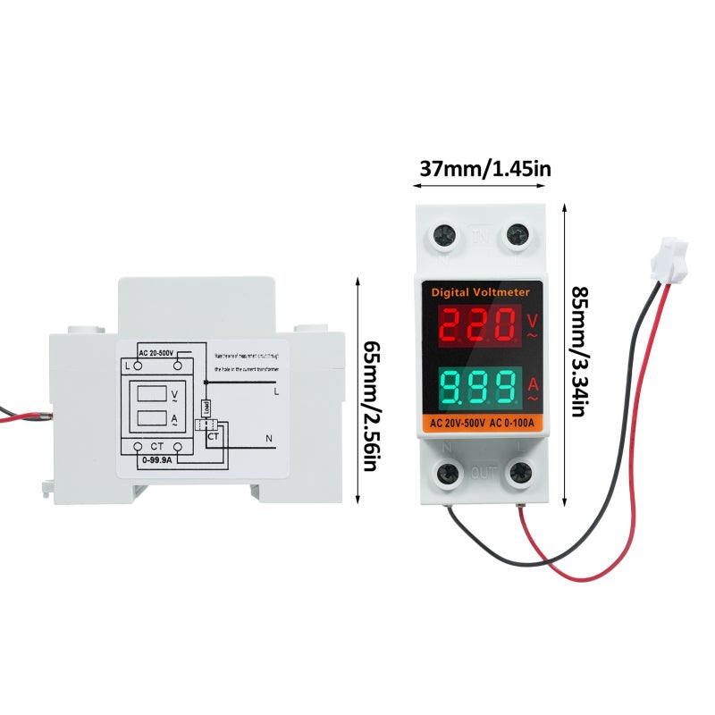 عداد طاقة رقمي أحادي الطور بمحول متعدد الوظائف مثبت على سكة DIN مقياس قدرة AC20V~500V 0~99.9A فولتميتر أميتر مالتيميتر لقياس الجهد والتيار - Image 4