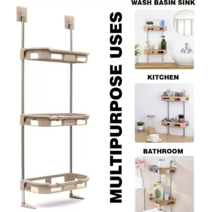 VLSYS 3 in 1 storage organiger | 3 Tier Plastic Storage Self Adhesive Shelf/Bathroom Accessories/Wall Mounted Shelf with Self Adhesive Stickers & Hooks for Toilet, Bathroom, Kitchen, Office (White) -2024 - Image 5