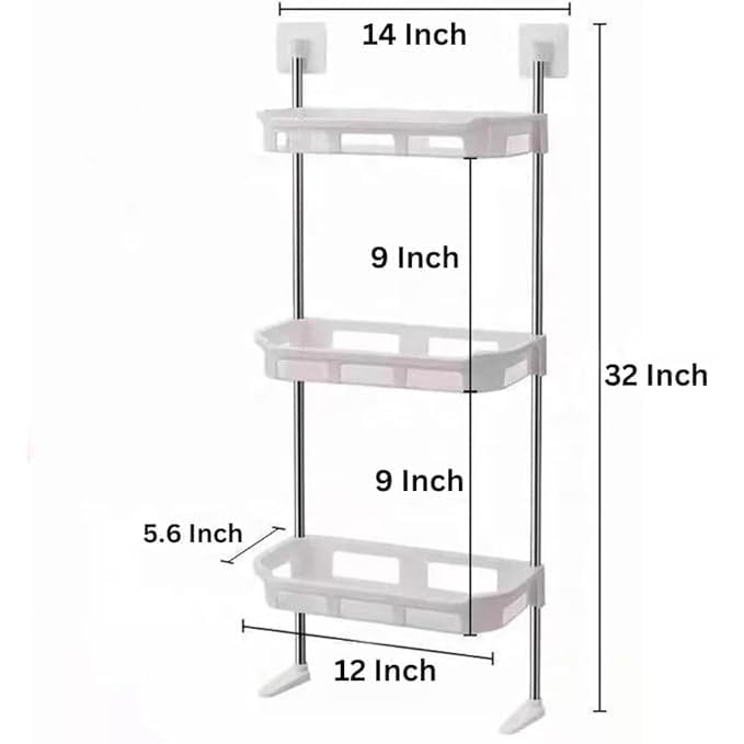VLSYS 3 in 1 storage organiger | 3 Tier Plastic Storage Self Adhesive Shelf/Bathroom Accessories/Wall Mounted Shelf with Self Adhesive Stickers & Hooks for Toilet, Bathroom, Kitchen, Office (White) -2024 - Image 2