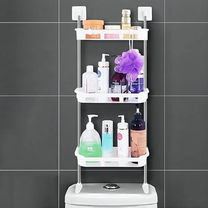 VLSYS 3 in 1 storage organiger | 3 Tier Plastic Storage Self Adhesive Shelf/Bathroom Accessories/Wall Mounted Shelf with Self Adhesive Stickers & Hooks for Toilet, Bathroom, Kitchen, Office (White) -2024 - Image 1