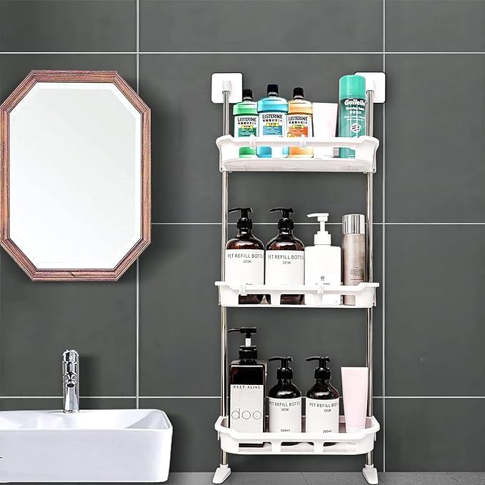 VLSYS 3 in 1 storage organiger | 3 Tier Plastic Storage Self Adhesive Shelf/Bathroom Accessories/Wall Mounted Shelf with Self Adhesive Stickers & Hooks for Toilet, Bathroom, Kitchen, Office (White) -2024 - Image 3