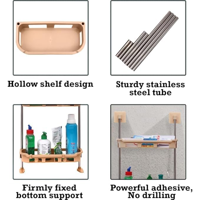 VLSYS 3 in 1 storage organiger | 3 Tier Plastic Storage Self Adhesive Shelf/Bathroom Accessories/Wall Mounted Shelf with Self Adhesive Stickers & Hooks for Toilet, Bathroom, Kitchen, Office (White) -2024 - Image 4