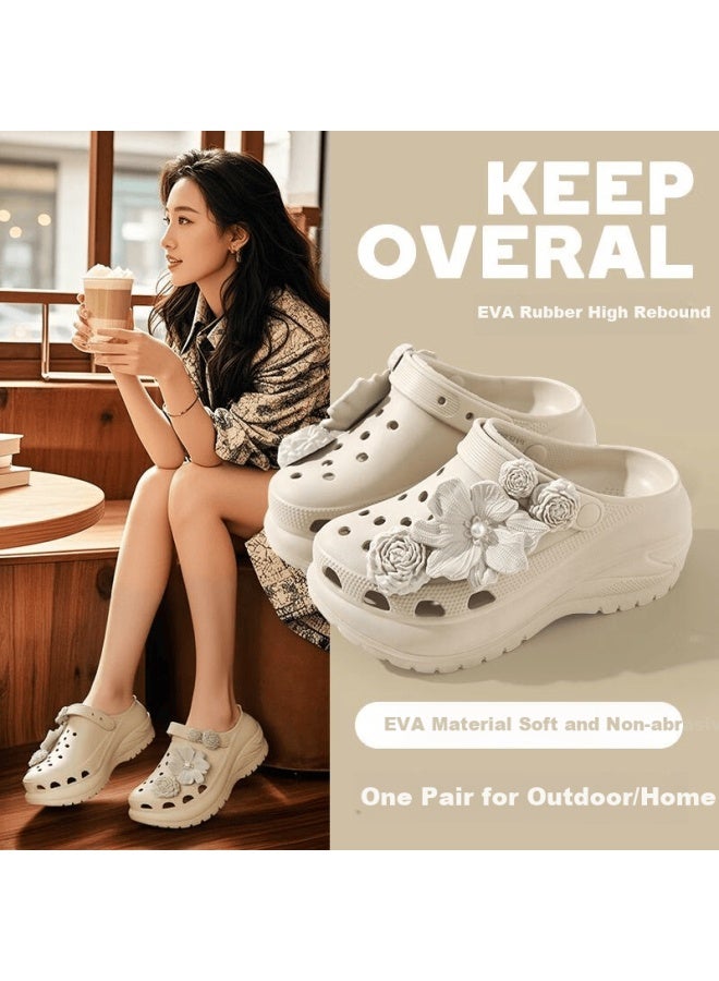 Qisefang Women's Perforated Shoes, Puff Flower Diy, Summer Beach Slimming Thick Sole Heightening Platform Sandals, Ka 37-38