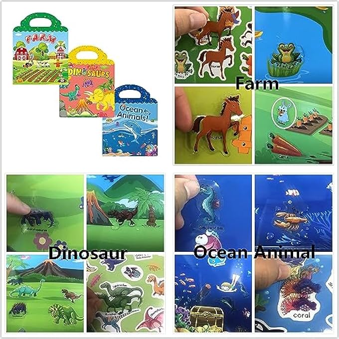 REUSABLE STICKER BOOKS FOR KIDS AGE 2-4, TODDLERS TOYS, ACTIVITY BOOKS, LEARNING TRAVEL TOYS FOR BOYS GIRLS (FARM, DINOSAUR, OCEAN ANIMAL) - Image 2