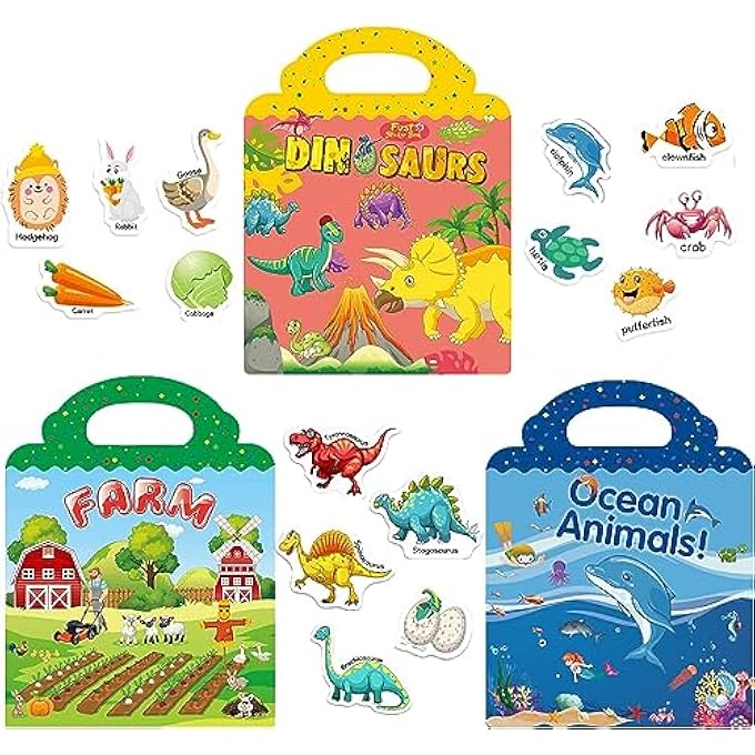 REUSABLE STICKER BOOKS FOR KIDS AGE 2-4, TODDLERS TOYS, ACTIVITY BOOKS, LEARNING TRAVEL TOYS FOR BOYS GIRLS (FARM, DINOSAUR, OCEAN ANIMAL) - Image 1