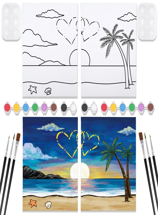 VOCHIC 2 Pack Sip and Paint Kit Pre Drawn Canvas for Painting for Adults Couples Date Night Games Outline Canvas Party Art Set Paints Brushes Pallets Valentine (8x10 Inches, Beach and Heart) - Image 1