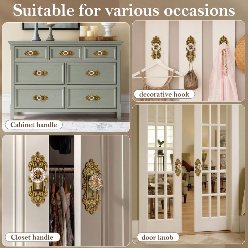 CEYMIO 5.5 Inch Height Vintage Dummy Door Knob Interior 2 Pack Crystal Glass Door Knobs Antique Brass Cabinet Knobs Keyless Decorative Hallway Closet Door Pulls Dresser Gold Door Handles - Image 4