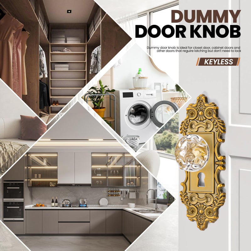 CEYMIO 5.5 Inch Height Vintage Dummy Door Knob Interior 2 Pack Crystal Glass Door Knobs Antique Brass Cabinet Knobs Keyless Decorative Hallway Closet Door Pulls Dresser Gold Door Handles - Image 2