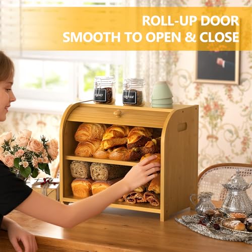 Bambition Bamboo Bread Box for Kitchen Countertop, Roll Top Bread Box for Homemade Bread, Double Layer Bread Storage Container - Image 4