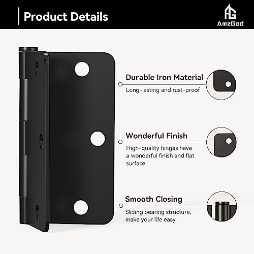 AmzGod Door Hinges Matte Black - 30 Pack Black Door Hinges 3.5 Inch Rounded Interior Door Hinge with 1/4" Radius Corners - Black Hinges for Doors 3 1/2 Inches Flat Iron Residential Door Hardware - Image 5