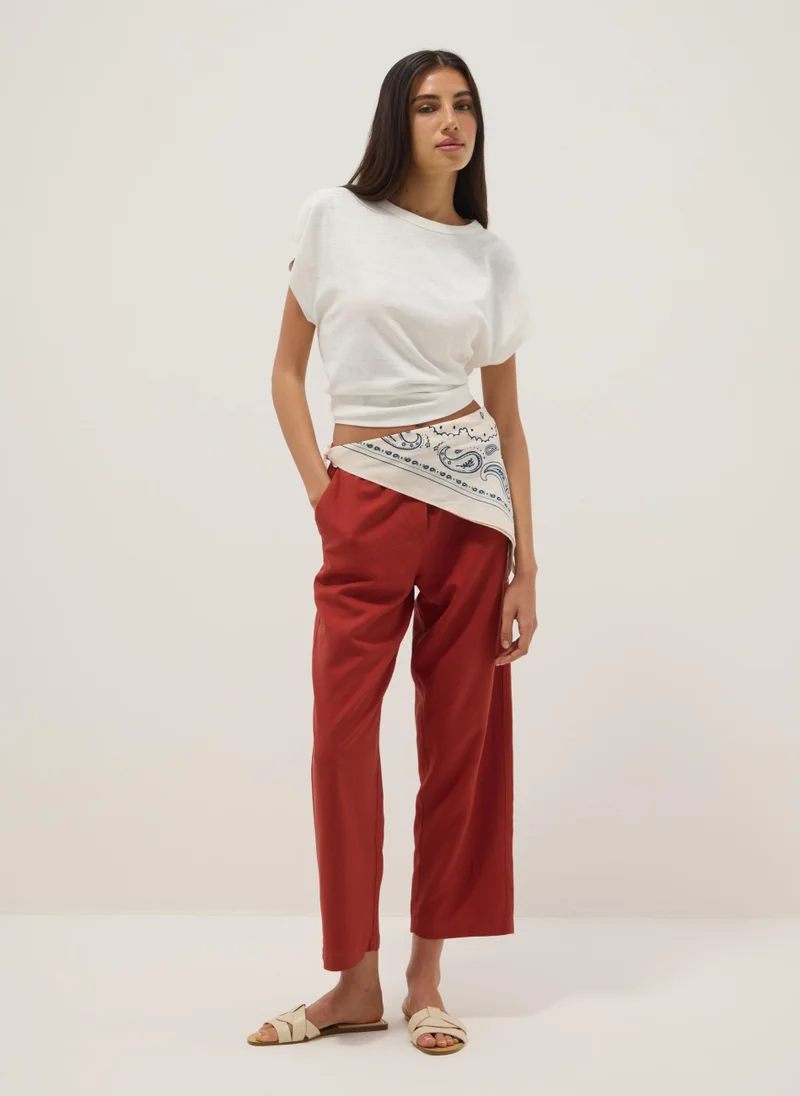 او في اس OVS White Cotton And Linen Blend Short-Sleeve T-Shirt, Regular Fit