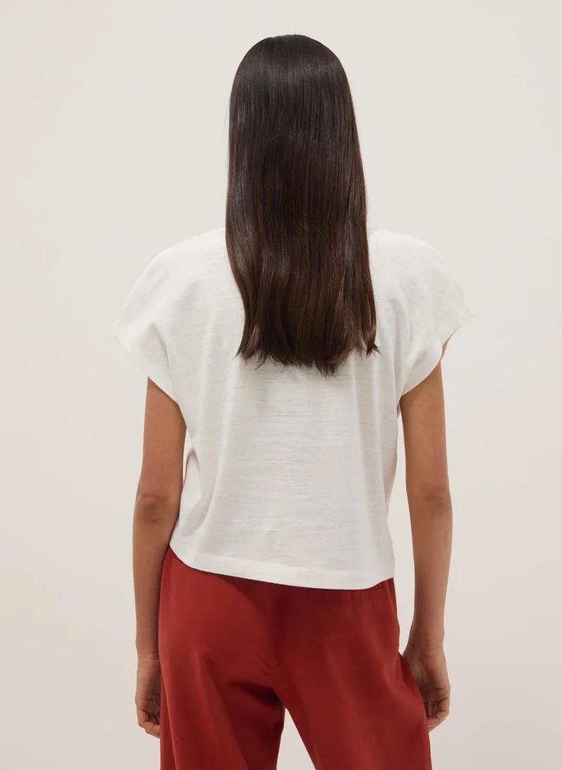 Ovs  OVS White Cotton And Linen Blend Short-Sleeve T-Shirt, Regular Fit for Women | Best Price UAE