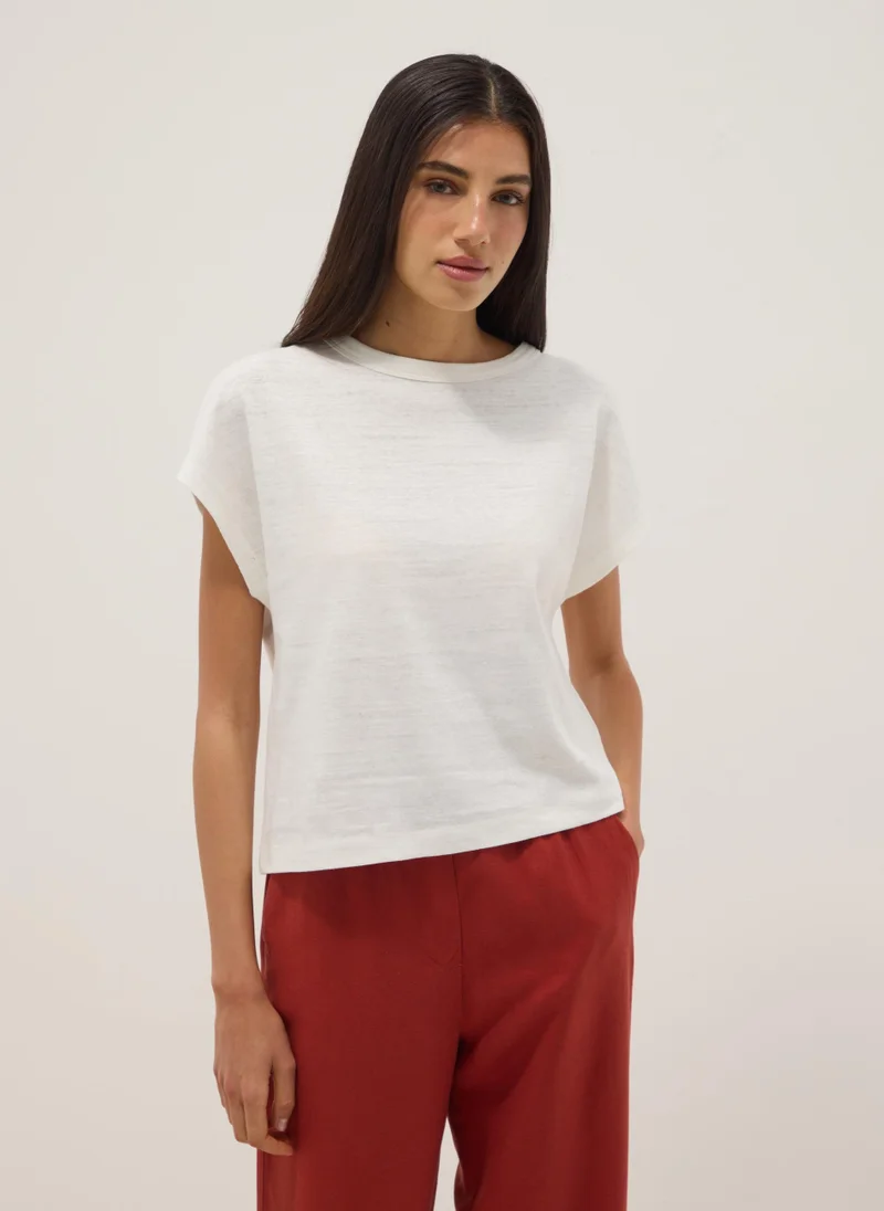 Ovs  OVS White Cotton And Linen Blend Short-Sleeve T-Shirt, Regular Fit for Women | Best Price UAE