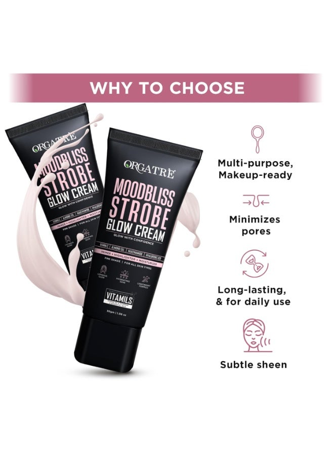 Orgatre Strobe Glow Cream for Instant Face Radiance | Primer Highlighter Moisturizer with Vitamin C, Almond Oil, Niacinamide & Hyaluronic Acid | Makeup Base for Oily Acne-Prone Skin | Pink Shade | 30g - Image 4
