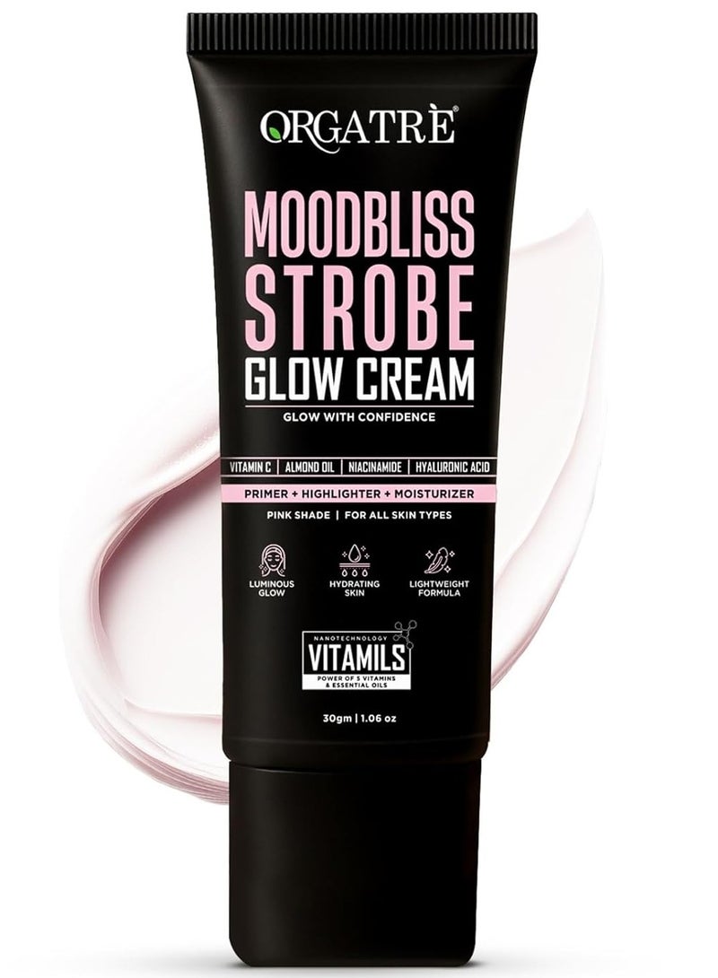 Orgatre Strobe Glow Cream for Instant Face Radiance | Primer Highlighter Moisturizer with Vitamin C, Almond Oil, Niacinamide & Hyaluronic Acid | Makeup Base for Oily Acne-Prone Skin | Pink Shade | 30g - Image 1