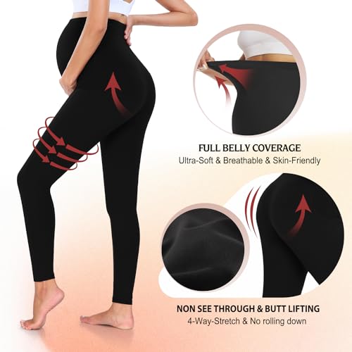MoreFeel 4 Pack Women’s Maternity Leggings with Pockets Over The Belly Butt Lift - Soft Workout Pregnancy Yoga Pants - Image 3