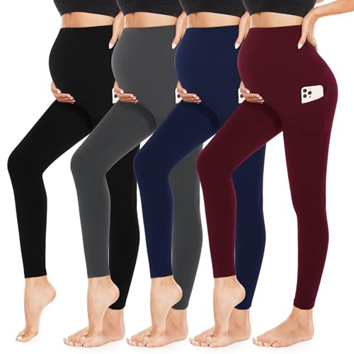 MoreFeel 4 Pack Women’s Maternity Leggings with Pockets Over The Belly Butt Lift - Soft Workout Pregnancy Yoga Pants - Image 1
