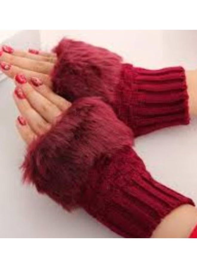 جوي شيك قفازات شتوية عصرية بدون أصابع بحواف مغطاة بالفراء لتدفئة الذراعين.احمر - Image 1