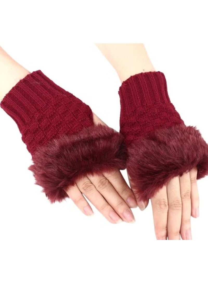 جوي شيك قفازات شتوية عصرية بدون أصابع بحواف مغطاة بالفراء لتدفئة الذراعين.احمر - Image 2