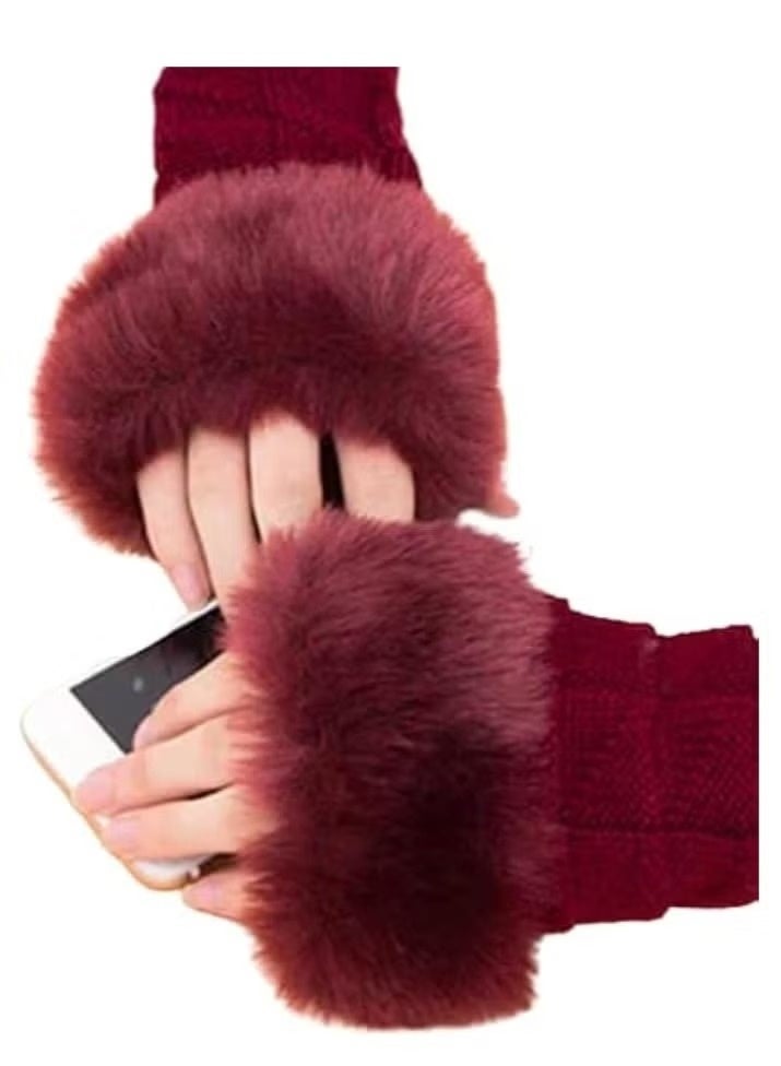 جوي شيك قفازات شتوية عصرية بدون أصابع بحواف مغطاة بالفراء لتدفئة الذراعين.احمر - Image 3